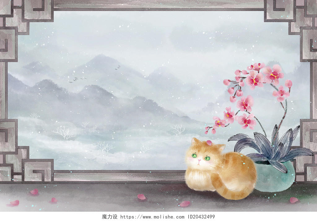 中国风水墨唯美白色雪景猫蝴蝶兰冬天山水风景插画海报背景素材
